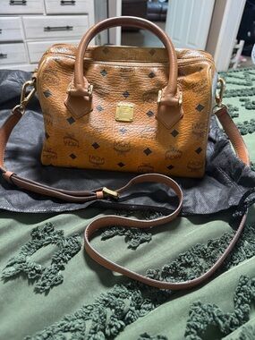 MCM Cognac Visetos Monogram Satchel with Gold Hardware